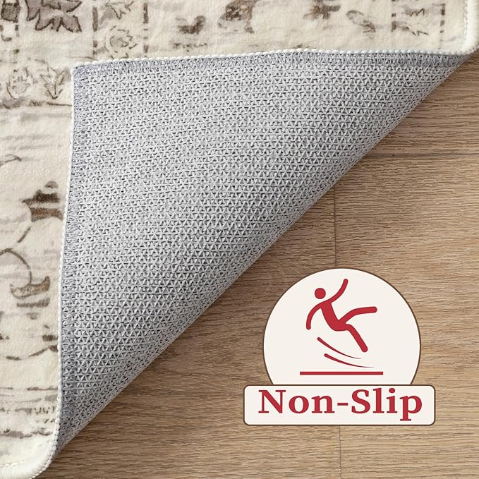 SERISSA Area Rug 4x6 Boho Rugs for Bedroom, Vintage Washable Non Slip Rug, Ultra Soft Print Distressed Low-Pile Throw Rug Earth Tone Carpet for Nursery Dorm Kitchen Living Room Decor