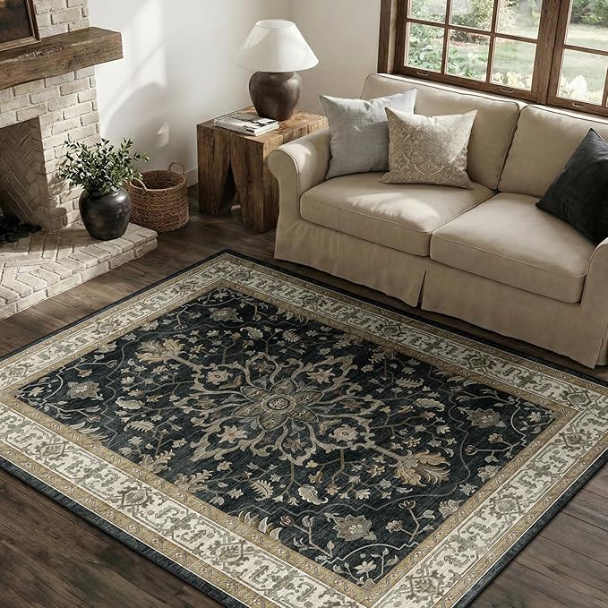 Area Rugs 4'x6' Washable Non-Slip, Floral Vintage Distress Print Pattern Medallion Carpet for Living Room Bedroom Dining Room, Vintage Black Brown Neutral