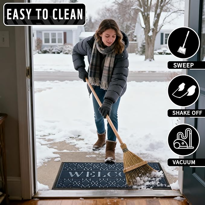 Yimobra Welcome Matt Outdoor Indoor 29.5x17, All-Weather Waterproof Front Door Mat, Non-Slip Low Profile Porch Patio Entrance Doormat, Blue