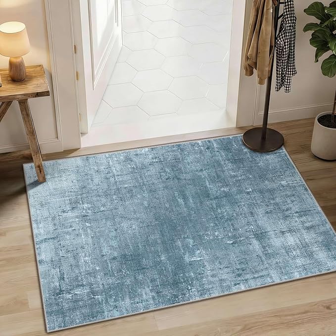 Latte&Fog 2x3 Entryway Rug, Small Modern Abstract Door Mat, Blue Washable Kitchen Rug, Boho Non Slip Low Pile Carpet for Indoor Kitchen, Entry, Front Door and Bathroom