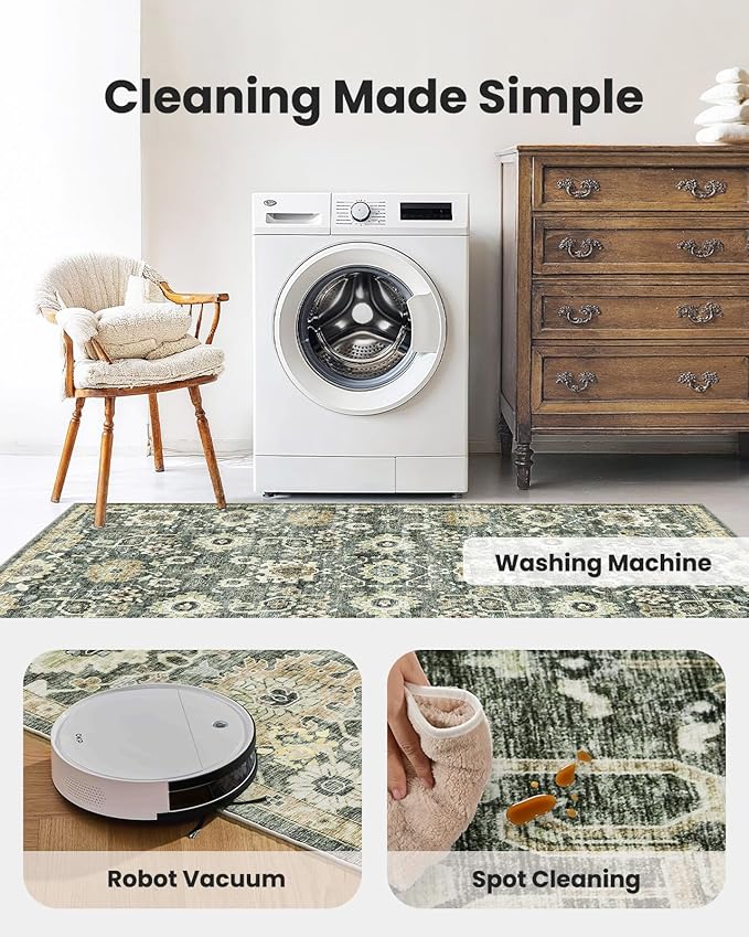 AMADA HOMEFURNISHING 9x12 Washable Area Rug, Low-Profile Large Area Rug with Non-Slip Backing & Durable Edge Binding, Vintage Large Rugs for Living Room, Bedroom & Dining Room