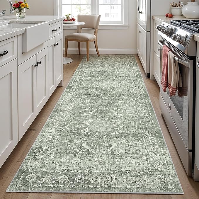 Hallway 3x10 Runner Rug - Vintage Non-Slip Long Rug Low-Pile Washable Medallion Runner Rugs for Hallway Waterproof Traditional Runner Rug Indoor Thin Rug for Kitchen (Muted Sage Green)