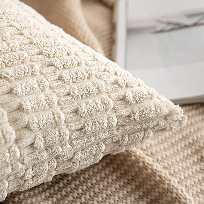 MIULEE Pack of 2 Corduroy Decorative Euro Sham Throw Pillow Covers 22x22 Inch Soft Boho Striped Pillow Covers Modern Farmhouse Home Decor for Sofa Living Room Couch Bed Cream White
