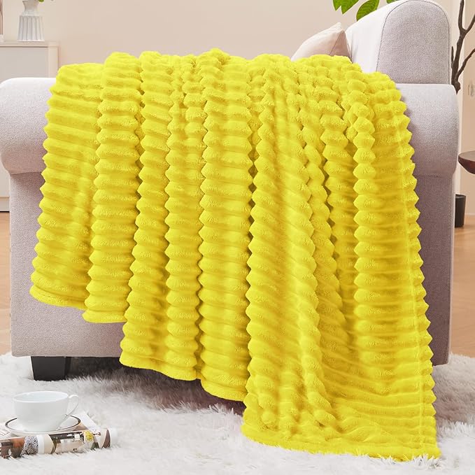 BEDELITE Fleece Blanket Twin Size – 3D Ribbed Jacquard Soft and Warm Decorative Fuzzy Blankets – Cozy, Fluffy, Plush Lightweight Throw Blankets for Couch, Bed, Sofa(Yellow, 60x80 inches)