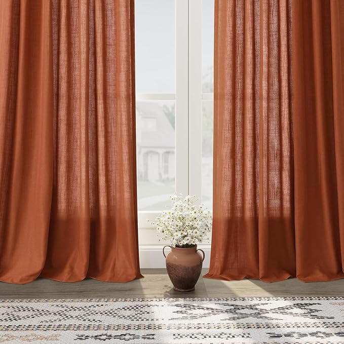 Nanspring Extra Long Linen Curtains 108 Inches Long 2 Panel Set Back Tab Terracotta Boho Rustic Farmhouse Curtain for Living Room Semi Sheer Floor to Ceiling High Window for Bedroom Office 60x108