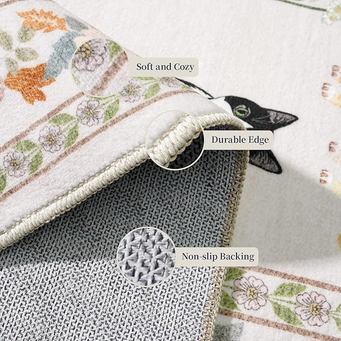 2'6"x8' Washable Kitchen Runner Rug - Soft Low Pile Floral Animal Cat Print Rugs with Non-Slip Backing Waterproof Stain-Resistant Indoor Carpet for Hallway Entryway Bathroom Bedroom (Light Beige)