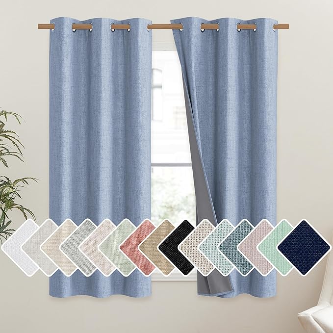 NICETOWN Stone Blue Vintage Linen 100% Blackout Curtains for Dining Room, Thermal Insulated Curtains 54" Long, Noise Reducing Window Treatment Drapes for Kitchen, 42" Wide Per Panel, Set of 2