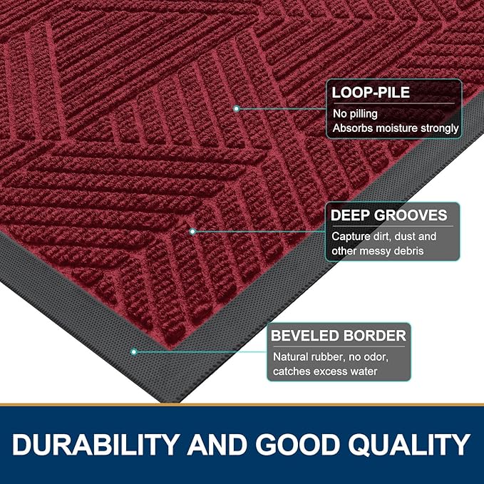 Smiry Half Circle Front Door Mat Outside Entrance, Heavy Duty Sturdy Natural Rubber Doormat, Trap Dirt and Moisture, Low Profile Mats for Indoor Outdoor Entry, Irregular Triangle (47x32, Wine Red)