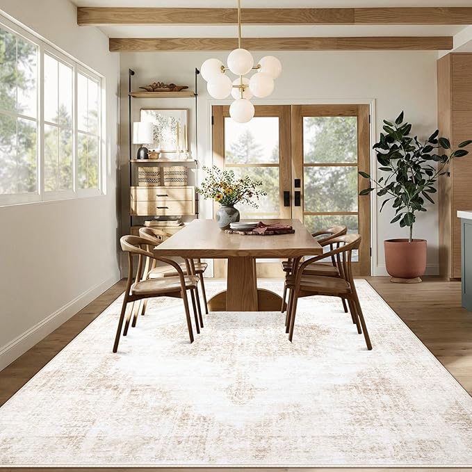 Area Rugs 8x10 Vintage Rug: Large Washable Living Room Rug Retro Medallion Distressed Rugs Soft Low Pile Non-Slip Indoor Floor Carpet for Bedroom Kitchen Nursery Dining Table Office (Beige, 8'x10')