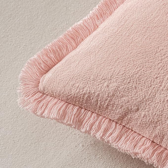 MIULEE Valentines Decorative Throw Pillow Covers Neutral Linen Fringe Throw Pillows Set of 2 Pink Boho Farmhouse Cushion Covers with Tassels for Couch Sofa Bed Living Room Spring Decor 18x18 Inch