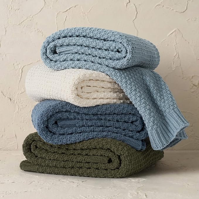 EVERGRACEHOME Chunky Chenille Knit Throw Blanket for Couch, Soft Luxurious Moss Stitch Blankets for Bed, Cozy Decorative Farmhouse Knitted Throws for Sofa, Chambray Blue, 50" x 60"