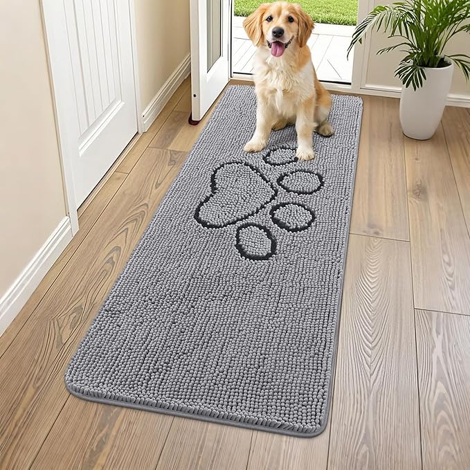 Smiry Dog Door Mat for Muddy Paws, Absorbent Dirt Trapper Non Slip Quick Dry Washable Chenille Mat for Mud Dogs, Entry Rug for Indoor and Outdoor (59x24 Inches, Grey and Black)