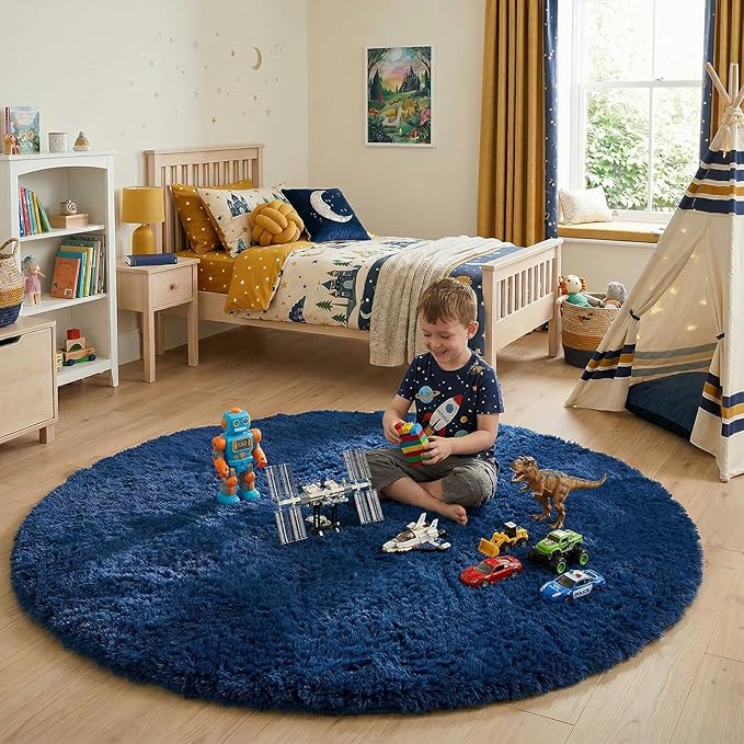 Amdrebio Navy Blue Round Rug 4Ft for Boys Room Bedroom, Circle Area Rugs for Kids Room, Living Room Decor Aesthetic, Fluffy Shag Fur Throw Royal Dark Blue Carpet for Preppy Dorm Playroom Baby Nursery