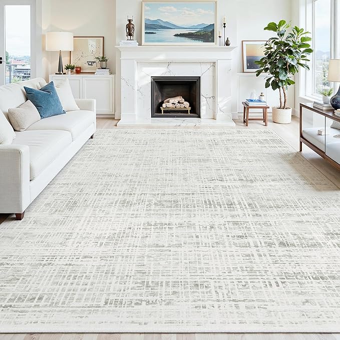 9x12 Area Rugs Washable Rug: Anti-Skid Abstract Modern Living Room Rug Soft Thin Carpets Indoor Floor Non-Shedding Carpet for Bedroom Dining Farmhouse Nursery Home Office (White Gray, 9'x12')