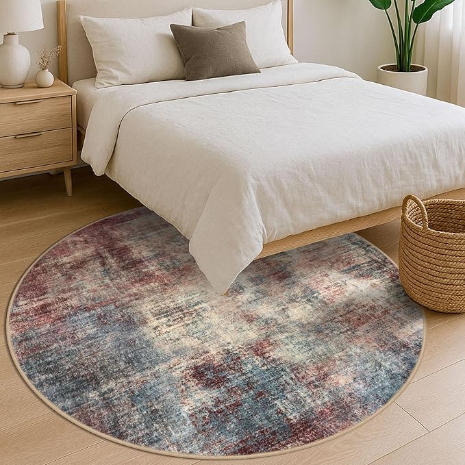 IOHOUZE Abstract Round Area Rug 6 Ft Washable Circle Rugs Large Round Rug Non Slip Thin Soft Circle Rugs, Printed Faux Wool Floor Carpet for Bedroom Living Room Dining Room Nursery, Red/Multi