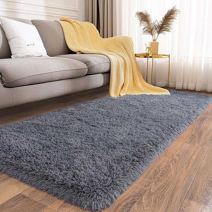 Ultra Soft Runner Rugs for Bedroom Hallways with Upgraded Non-Slip Rubber Backing & Thick Memory Sponge, 2x5 Feet Fluffy Shag Throw Area Rug for Bedside Dorm Dark Grey