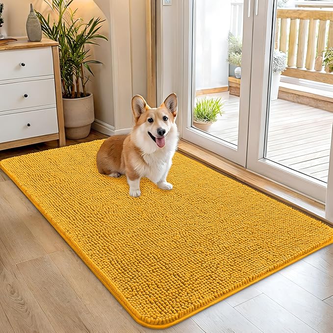 OLANLY Dog Door Mat for Muddy Paws 45x27, Absorbs Moisture and Dirt, Absorbent Non-Slip Washable Doormat, Quick Dry Chenille Mud Mat, Entry Indoor Entryway Carpet for Inside Floor, Golden Yellow