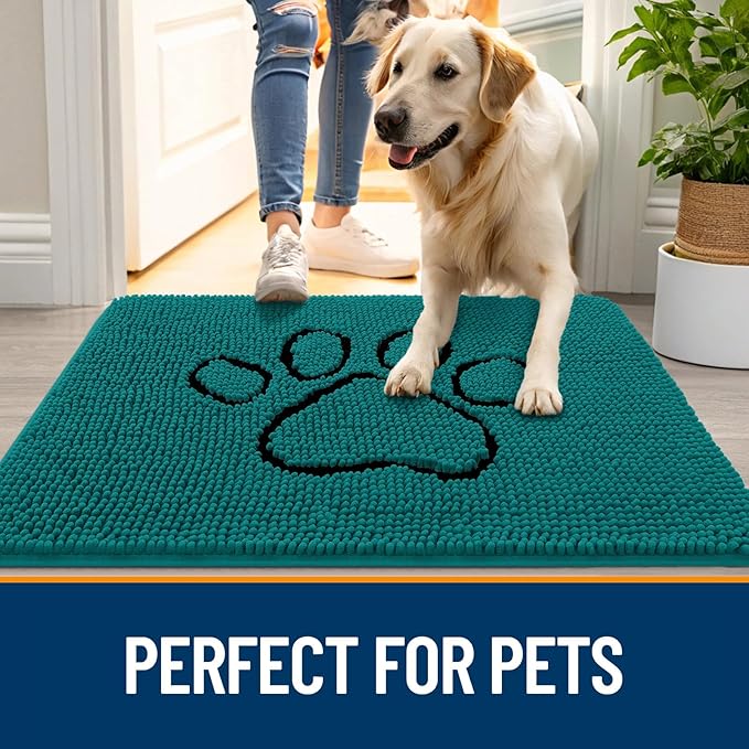 OLANLY Dog Door Mat for Muddy Paws 48x30, Paw Print Design, Absorbs Moisture and Dirt, Absorbent Non-Slip Washable Doormat, Quick Dry Chenille Mud Mat for Dogs, Entry Indoor Entryway Carpet, Lake Blue