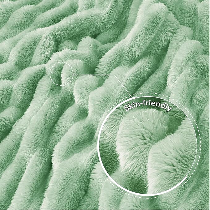 Exclusivo Mezcla Twin Size Flannel Fleece Blanket, Super Soft Striped Jacquard Bed Blanket, Lightweight Fuzzy Cozy for All Seasons, 60x80 Inches, Sage Green