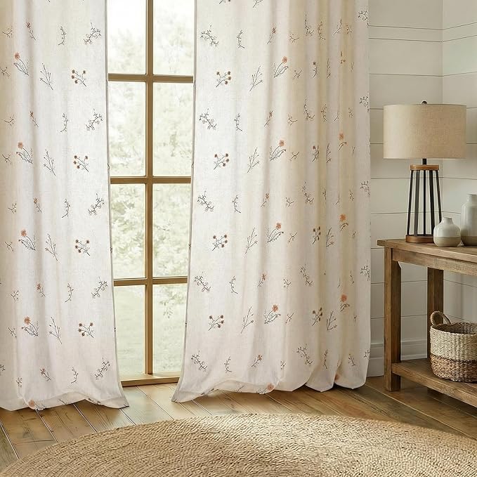 Floral Embroidered Linen Blend Curtains for Bedroom, 84 Inch Light Filtering Spring Farmhouse Vintage Drapes Beige Flower Window Treatments for Living Room Rod Pocket, Set of 2 Panels