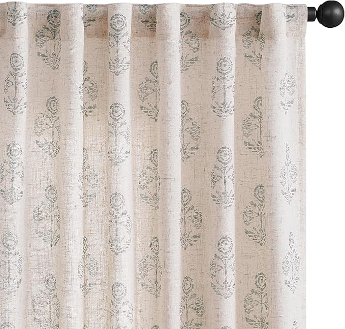 jinchan Linen Floral Curtains for Living Room 63 Inch Length Gray Flower Cottage Core Farmhouse Curtains Rod Pocket Back Tab Boho Semi Sheer Window Drapes Bedroom Set 2 Panels Grey on Beige