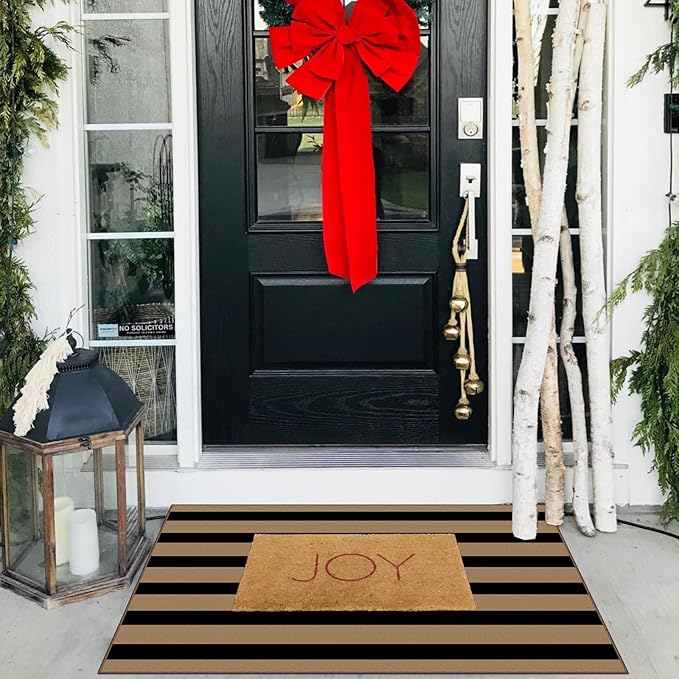 Front Door Mat Outside Entrance - 2x3 Black Tan Striped Non-Slip Washable Doormat Indoor Outdoor Mat Entry Rug Small Throw Rugs for Entryway Kitchen Bedroom Front Porch Decor