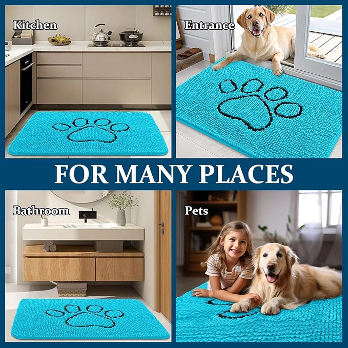 OLANLY Dog Door Mat for Muddy Paws 30x20, Paw Print Design, Absorbs Moisture and Dirt, Absorbent Non-Slip Washable Doormat, Quick Dry Chenille Mud Mat for Dogs, Entry Indoor Entryway Carpet, Aqua Blue