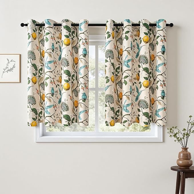 Topfinel Kitchen Curtains 45 Inch Length Beige Vintage Blackout Curtains for Cafe Kitchen Short Grommet Luxury Whimsical Floral Hummingbird Patterned 45 Inches Long for Living Room Bedroom