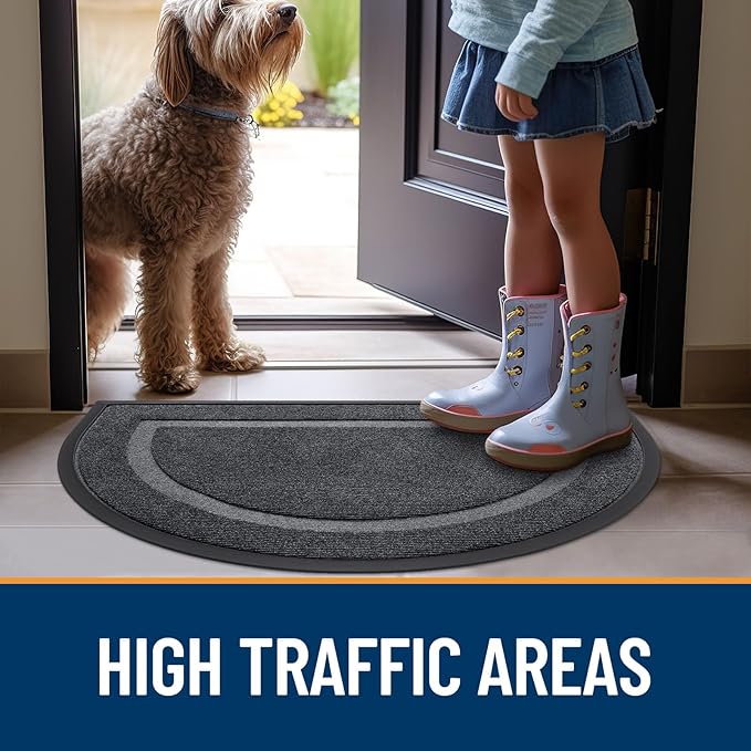 OLANLY Half Circle Door Mat Indoor Outdoor Entrance Welcome, Waterproof All-Season, All-Weather Doormat, Sturdy Natural Rubber, Low Profile, Easy Clean Patio Porch Entryway Mat, 59x23, Grey