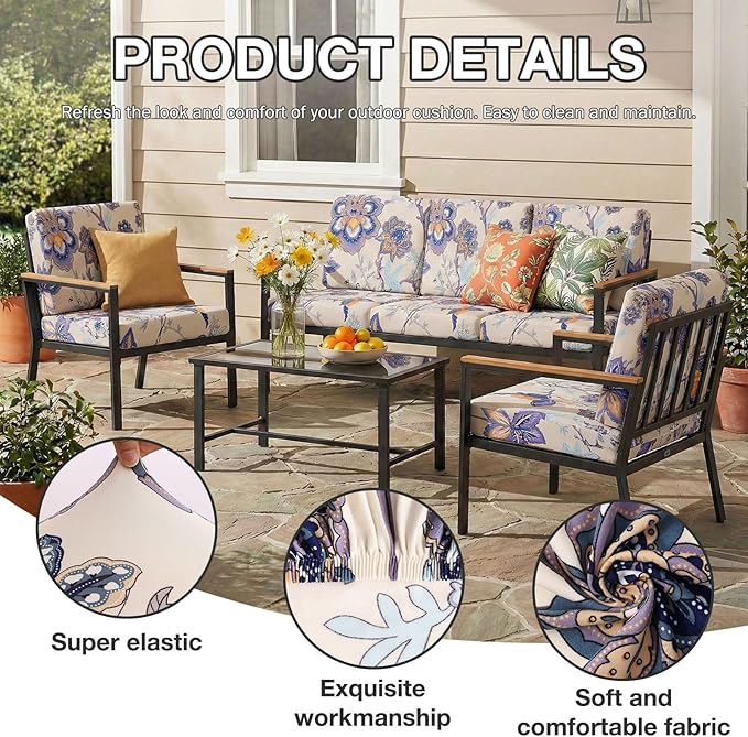 hyha 4Pcs Patio Cushion Covers, Stretch Outdoor Couch Cushion Covers, Washable Outdoor Chair/Sofa Slipcovers for Patio Furniture Cushions Protector with Elastic Bottom(Vintage Flower,Cover Only)