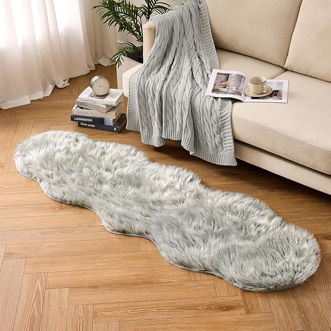 MIULEE Luxury Super Soft Fluffy Area Rug Faux Fur Sheepskin Rug Decorative Plush Shaggy Carpet for Bedside Sofa Floor Nursery 2 x 6 Feet, Light Grey
