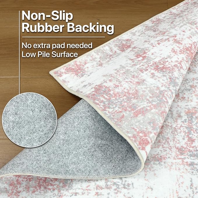 BEIMO Area Rugs 8x10 for Living Room Bedroom, Modern Abstract Machine Washable Rug, Large Soft Low Pile Floor Carpet with Non Slip Backing for Dining Room, Pink/Grey