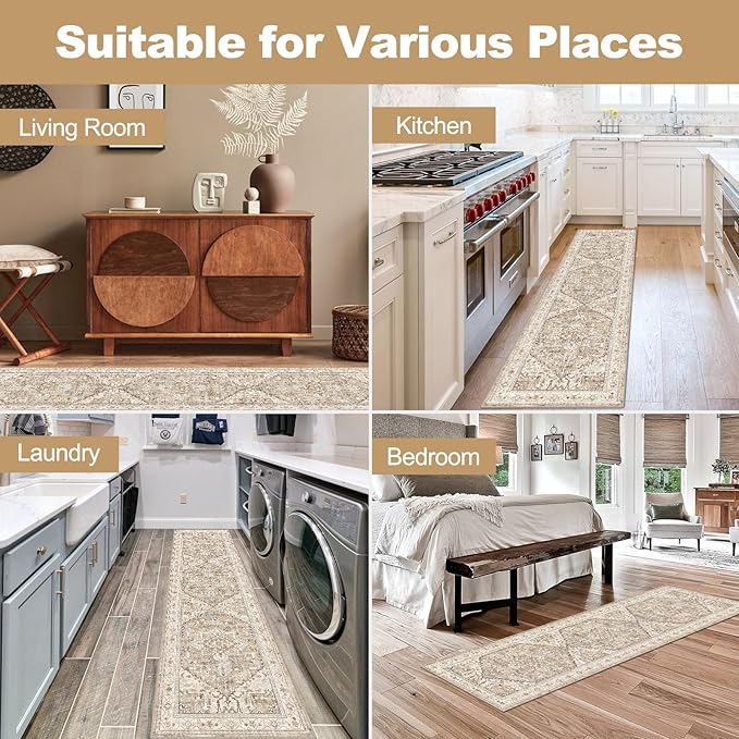 Yamaziot Washable Runner Rug, 2x8 Non-Slip Boho Vintage Hallway Rug Runner with Rubber Backing, Stain Resistant & Low Pile Faux Wool Distressed Carpet Runner for Bedroom, Kitchen, Laundry, Entrance