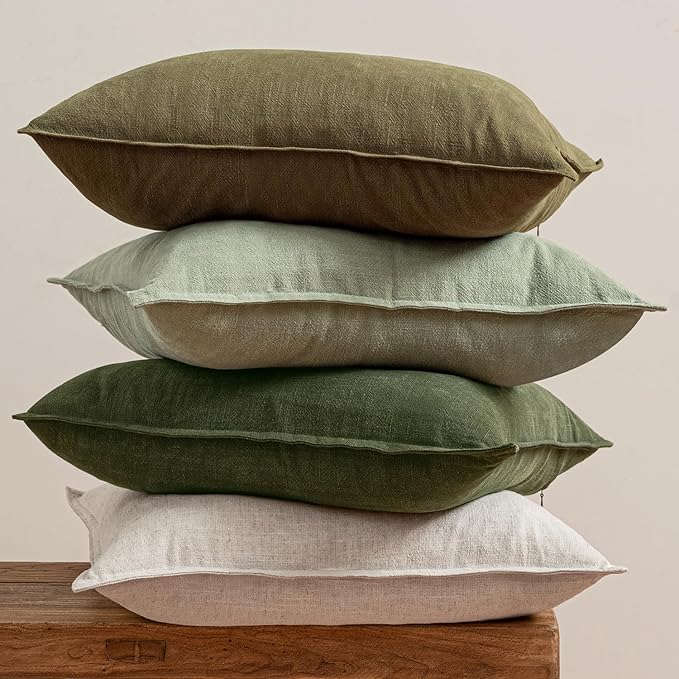 MIULEE Green and White Pillow Covers Pack of 4 Decorative Natural Solid Throw Pillow Covers Soft Accent Boho Farmhouse Couch Pillowcases Modern Spring Decor for Living Room Bed Sofa 18x18 Inch