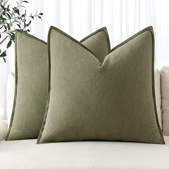 MIULEE Decorative Linen Pillow Covers 18x18 Inch Light Olive Green Boho Farmhouse Neutral Couch Throw Pillows for Bed Pack of 2 Accent Modern Pillowcase Summer Sofa Livingroom Home Decor