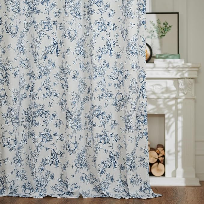 jinchan Linen Floral Curtains for Living Room 96 Inch Length Blue Printed Flower French Country Curtain Farmhouse Cottage Core Toile Curtains Back Tab Light Filtering Window Drapes Set 2 Panels