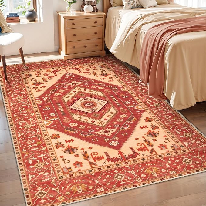 SERISSA Area Rug 3x5 Boho Rugs for Bedroom, Washable Non-Slip Living Room Rug, Ultra Soft Print Distressed Vintage Red Rug Low-Pile Throw Carpet for Entry Kitchen Bedroom Nursery Dorm Decor
