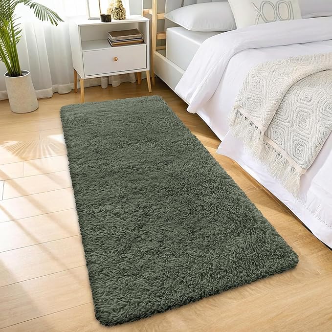 OLANLY 2x6 Machine Washable Runner Rugs for Hallway, Soft Fluffy Shaggy Bedside Rugs for Bedroom, Living Room, Indoor Floor Carpet for Kids Girls and Boys, Home Decor Aesthetic, Olive Green