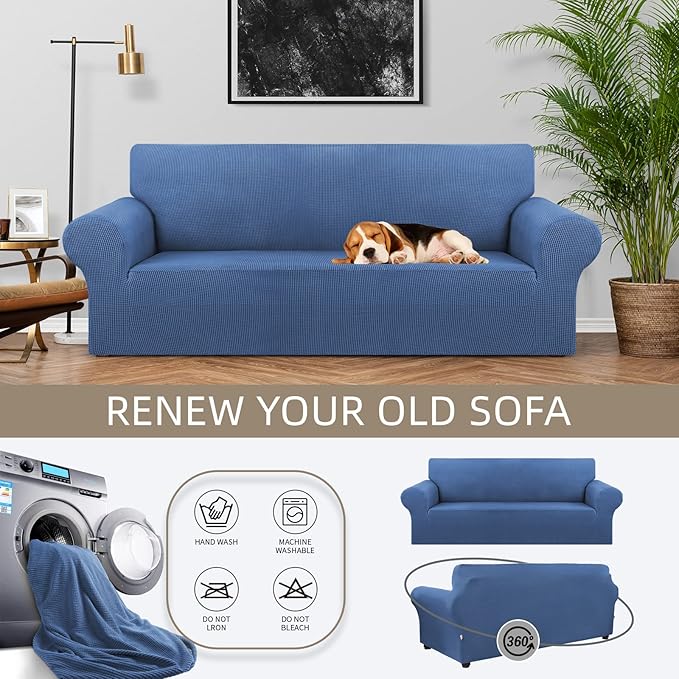 KEKUOU Stretch Sofa Cover Slipcover ，Couch Covers for 3 Cushion Couch Sofa pet Friendly (78"-94") Furniture Protector Sofa with Elastic Bottom for Kids,Dog, Jacquard Small Checked(Large,Riverside)