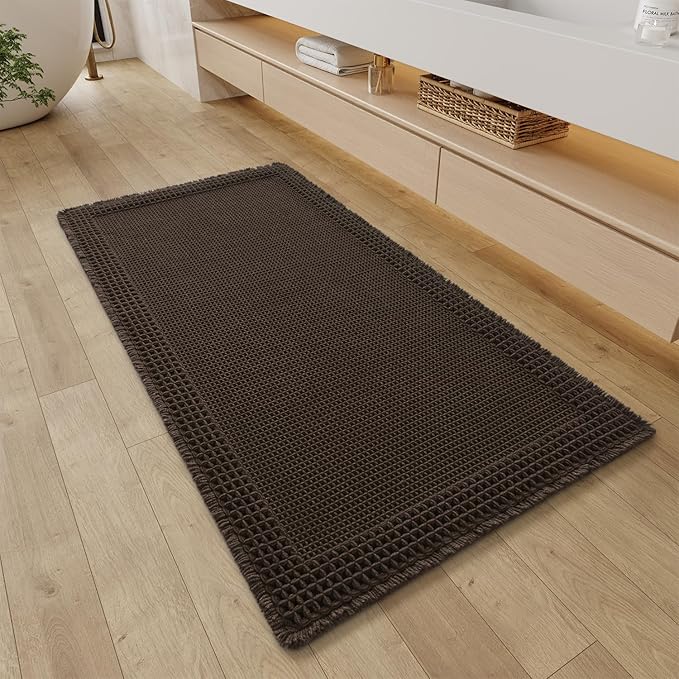 RESARE Waffle Bathroom Runner Rugs, Super Absorbent Bath Mat Non Slip Washable Quick Dry, Upgraded Ultra Soft Boho Bath Rugs with Tassels for Hallway Bedroom Laundry Room, 2'x4'(24"x48"), Chocolate