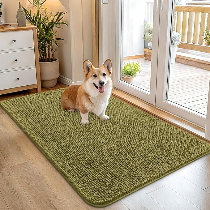 OLANLY Dog Door Mat for Muddy Paws 45x27, Absorbs Moisture and Dirt, Absorbent Non-Slip Washable Doormat, Quick Dry Chenille Mud Mat, Entry Indoor Entryway Carpet for Inside Floor, Willow Green
