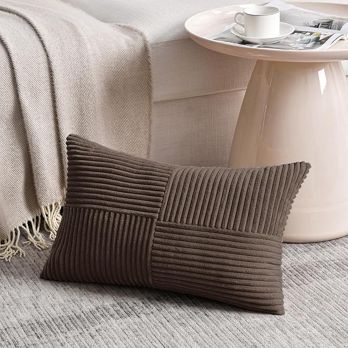 Fancy Homi 2 Packs Dark Brown Lumbar Decorative Throw Pillow Covers 16x32 Inch for Living Room Couch Bed, Rustic Farmhouse Boho Home Decor, Soft Striped Corduroy Rectangle Accent Cushion Case 40x80 cm