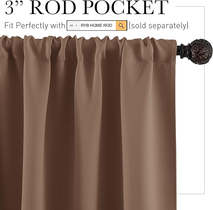 RYB HOME Short Blackout Curtains for Bedroom, Room Darkening Insulated Summer Heat Light UV Blocking Energy Saving Drapes for Nursery, Width 34 by Length 45, Mocha, Set of 2