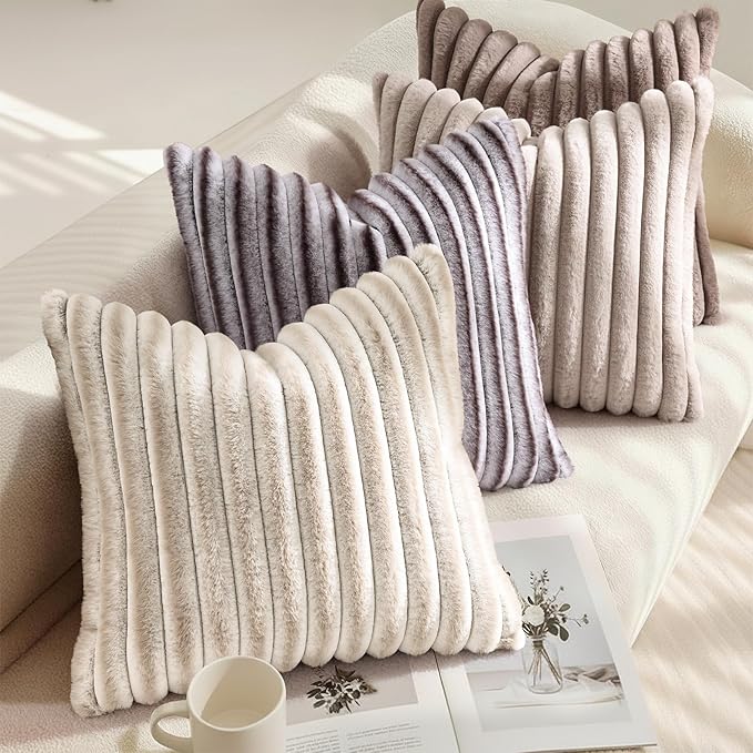 decorUhome Cozy Faux Fur Throw Pillow Covers 16x16 Set of 2 Decorative Soft Plush Striped Modern Farmhouse Boho Couch Pillow Cases with Velvet Back for Sofa Bed Living Room, Brown White