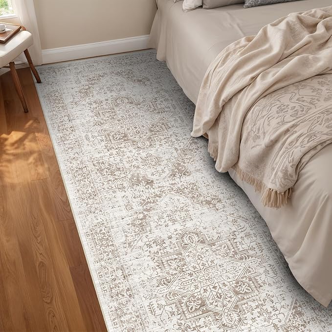 Hallway 3x10 Runner Rug - Vintage Non-Slip Long Rug for Entryway Low-Pile Washable Medallion Runner Rugs for Hallway Waterproof Traditional Runner Rug Indoor Thin Rug for Kitchen (Ivory/Beige)