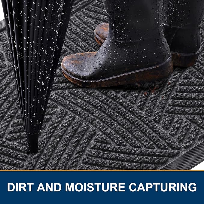 Smiry Front Door Mat Outside Entrance, Heavy Duty Sturdy Natural Rubber Doormat, Trap Dirt and Moisture, Easy Clean Low Profile Mats for Indoor Outdoor Entry, Interwoven Stripes 29.5x17, Grey