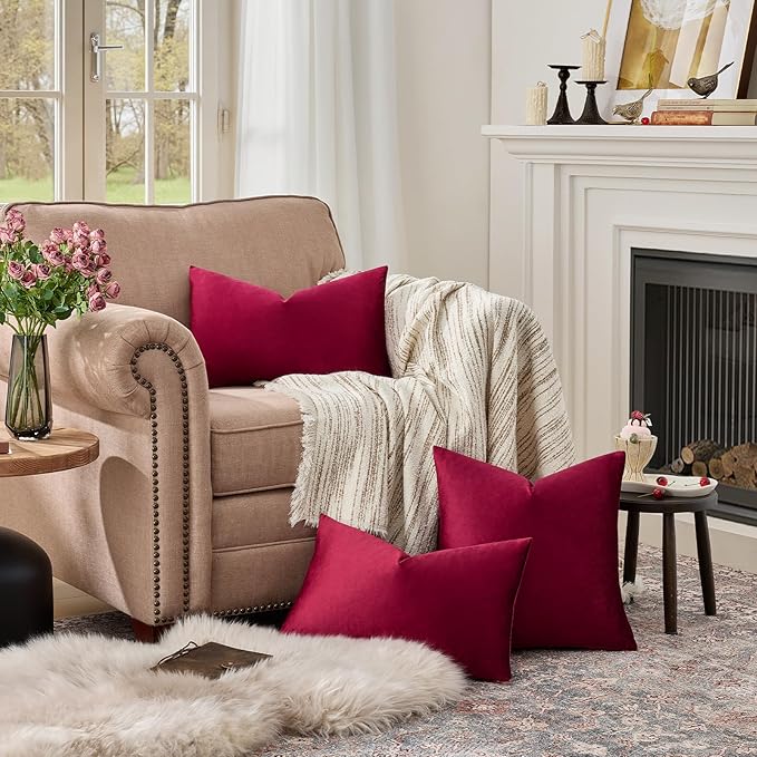 GIGIZAZA Burgundy Velvet Pillow Covers: Pack of 2 Lumbar Throw Pillows Soft Solid Covers - Decorative 12x20 Couch Small Cushion Covers Used for Chrismas Room Decor,Living Room,Bedroom
