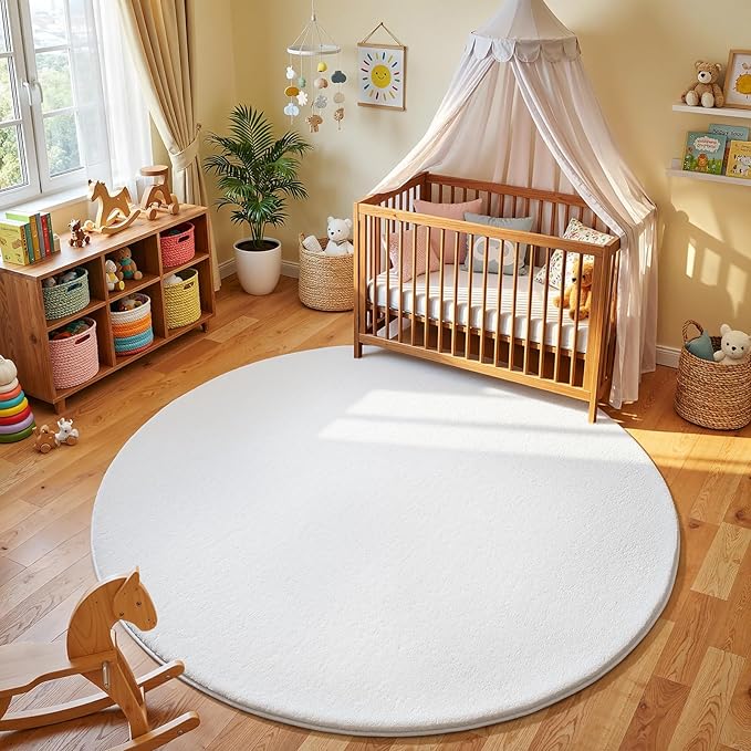 Amearea White Round Area Rugs 4ft Washable Circle Rugs for Bedroom Living Room, Fluffy Indoor Thickened Memory Foam Rug, Non Slip Minimalist Circular Carpet for Kids Boys Girls Dorm Nursery Room Decor