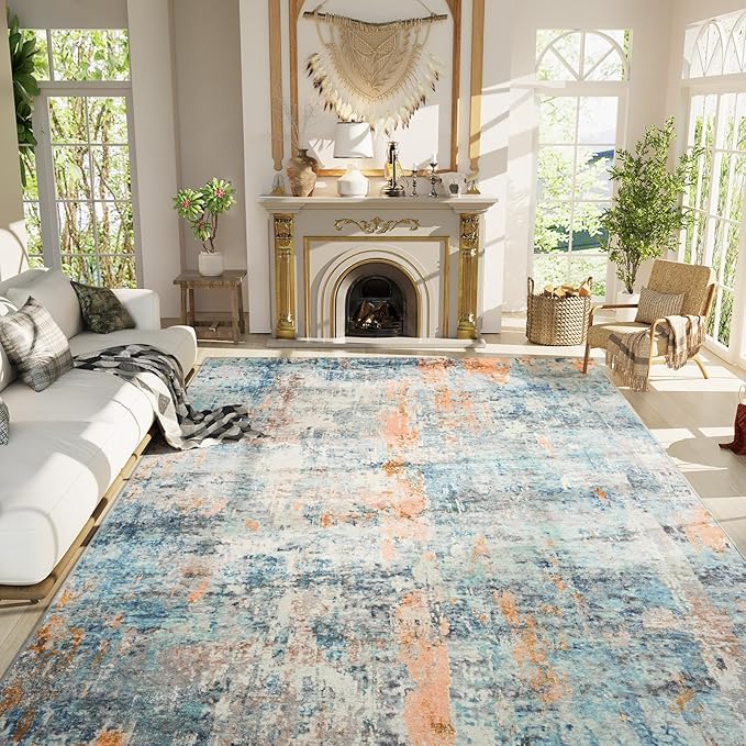Ompaa Living Room Rug 8x10 Blue Area Rugs Machine Washable Abstract Boho Large Carpet Non-Slip Non-Shedding Faux Wool Indoor Vintage Rugs for Bedroom, Classroom, Dining Room, Kids Playroom