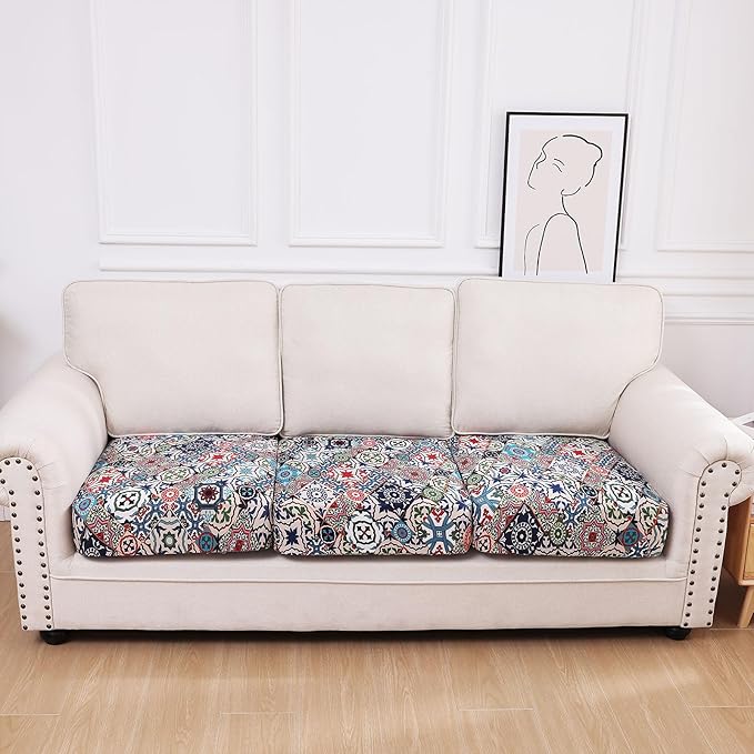 hyha Printed Couch Cushion Covers, Floral Sofa Covers Washable for 3 Cushion Couch, Stretch Pattern Outdoor Cushion Covers for Patio Furniture with Elastic Bottom(3 Packs, Patchwork Moroccan)
